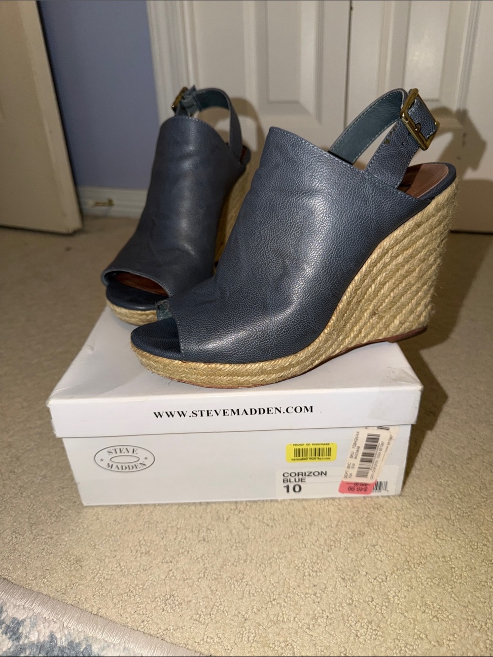 Steve Madden Blue Leather Espadrille Wedge Sandals with Slingback